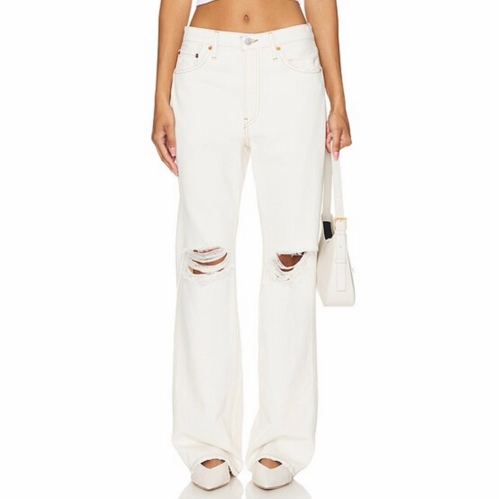 Re/Done White Distressed Wide-Leg Jeans